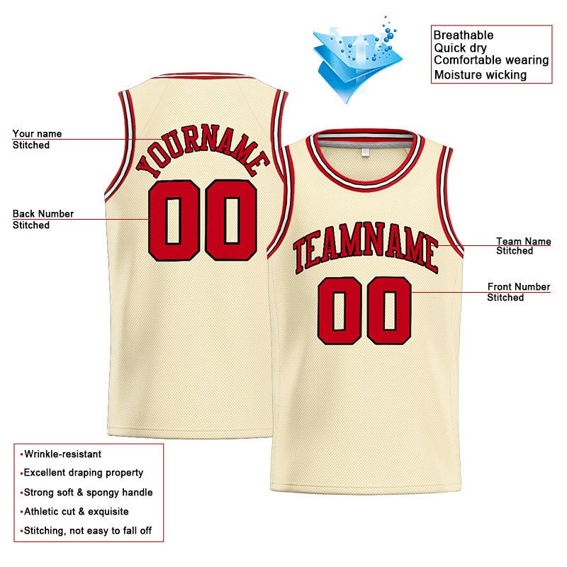 Benutzerdefinierte Authentisch  Basketball Trikot Creme-Rot-Schwarz