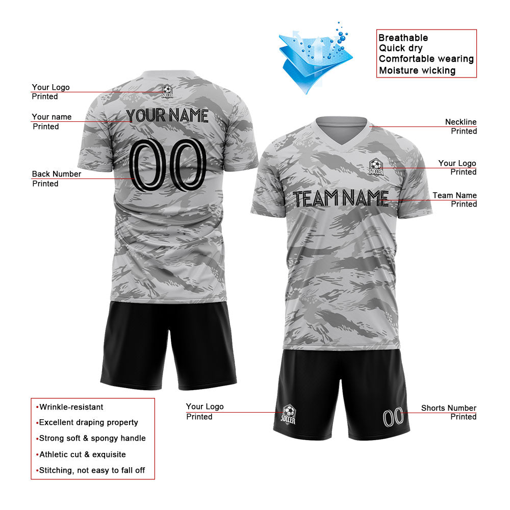 Benutzerdefinierte Fußballuniform Jersey Kinder Erwachsene Personalisiertes Set Jersey Shirt Grau