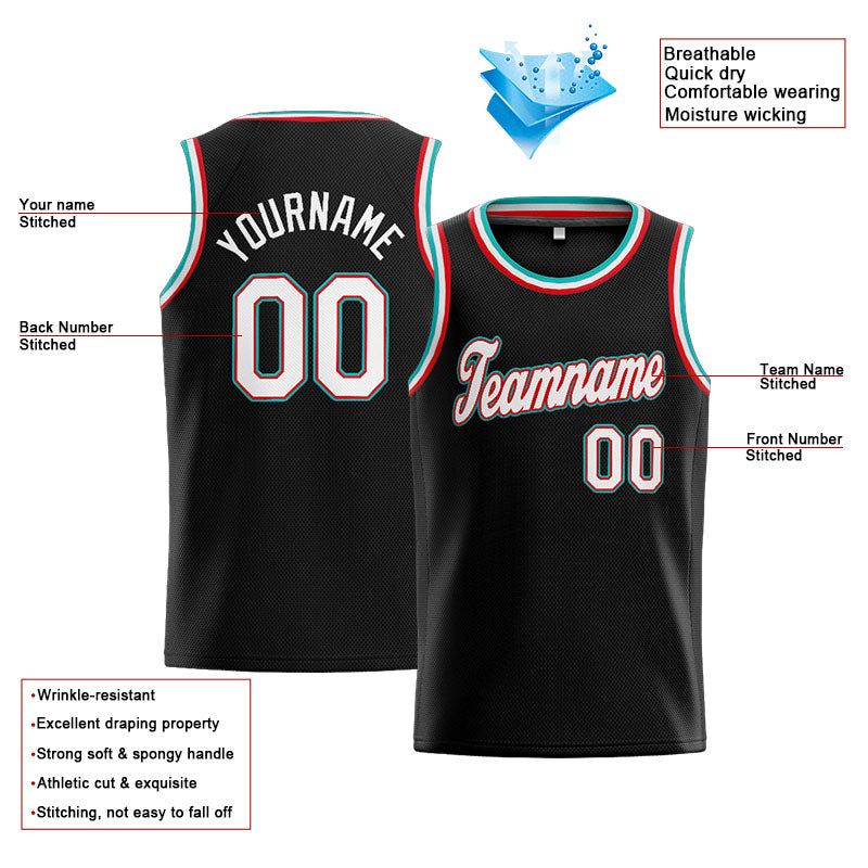Benutzerdefinierte Authentisch  Basketball Trikot Schwarz-Weiß-Blaugrün-Rot