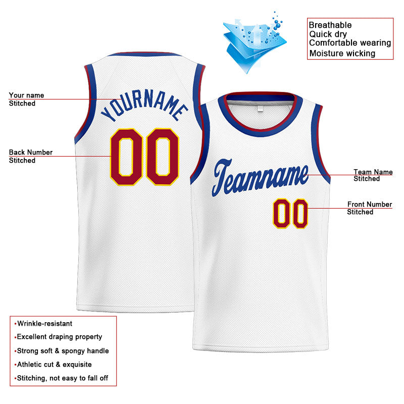 Benutzerdefinierte Authentisch  Basketball Trikot Weiß-Blau-Rot-Gelb