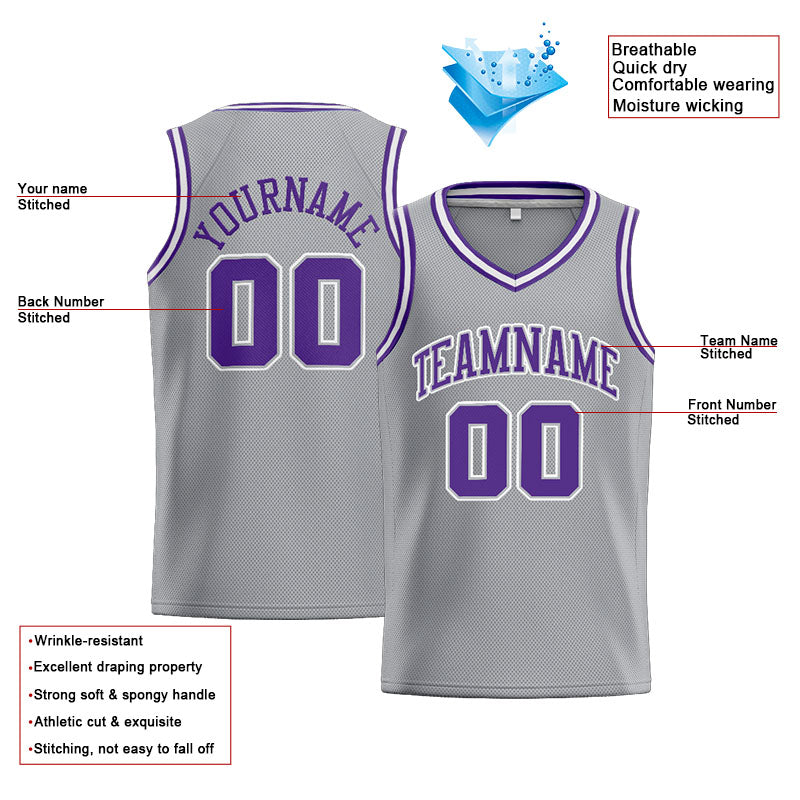 Benutzerdefinierte Authentisch  Basketball Trikot Grau-Lila-Weiß