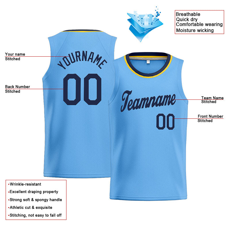 Benutzerdefinierte Authentisch  Basketball Trikot Hellblau-Marine-Gelb