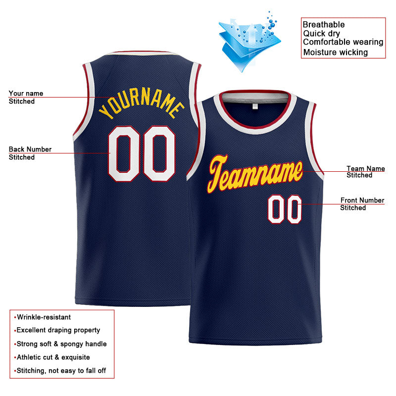 Benutzerdefinierte Authentisch  Basketball Trikot Marine-Weiß-Rot-Gelb