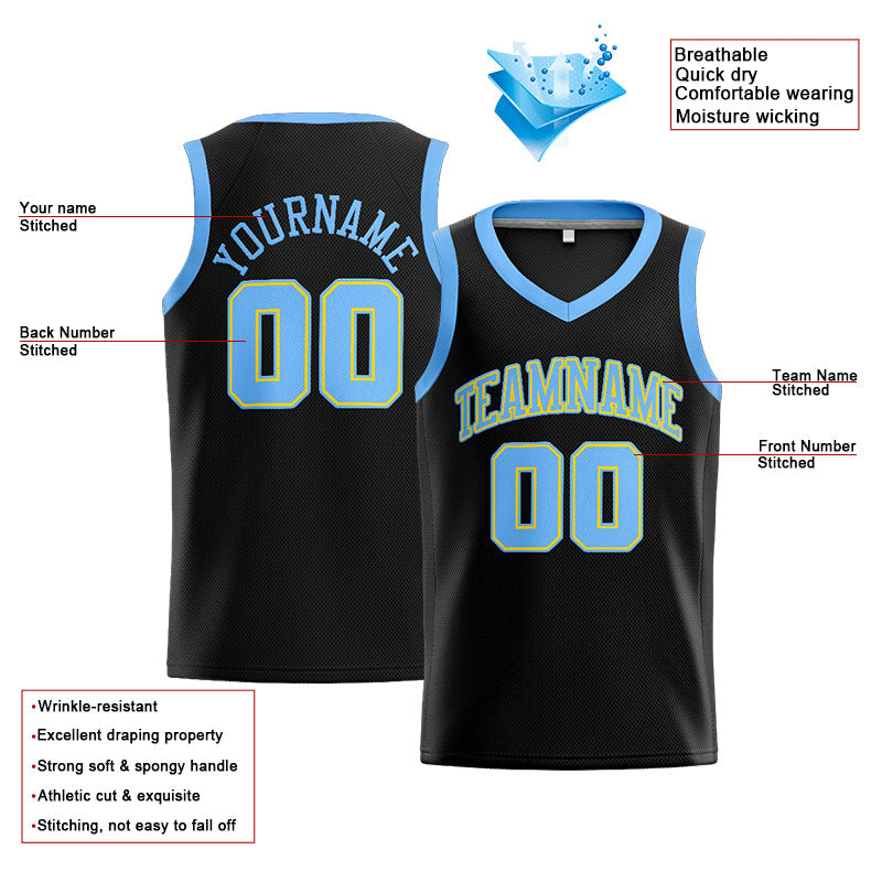 Benutzerdefinierte Authentisch  Basketball Trikot Schwarz-Hellblau-Gelb