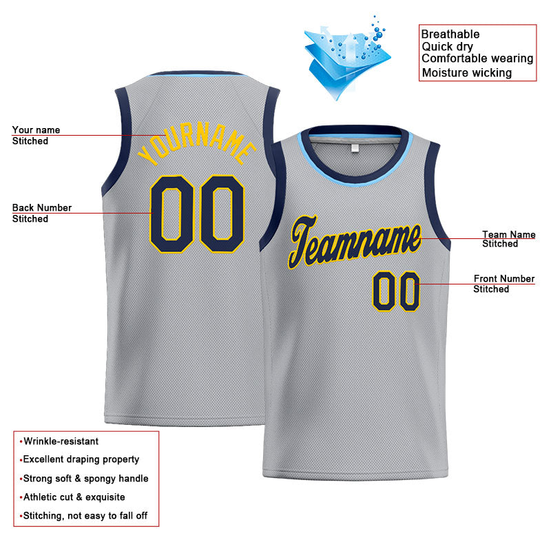 Benutzerdefinierte Authentisch  Basketball Trikot Grau-Marine-Gelb