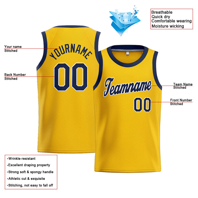Benutzerdefinierte Authentisch  Basketball Trikot Gelb-Marine-Weiß