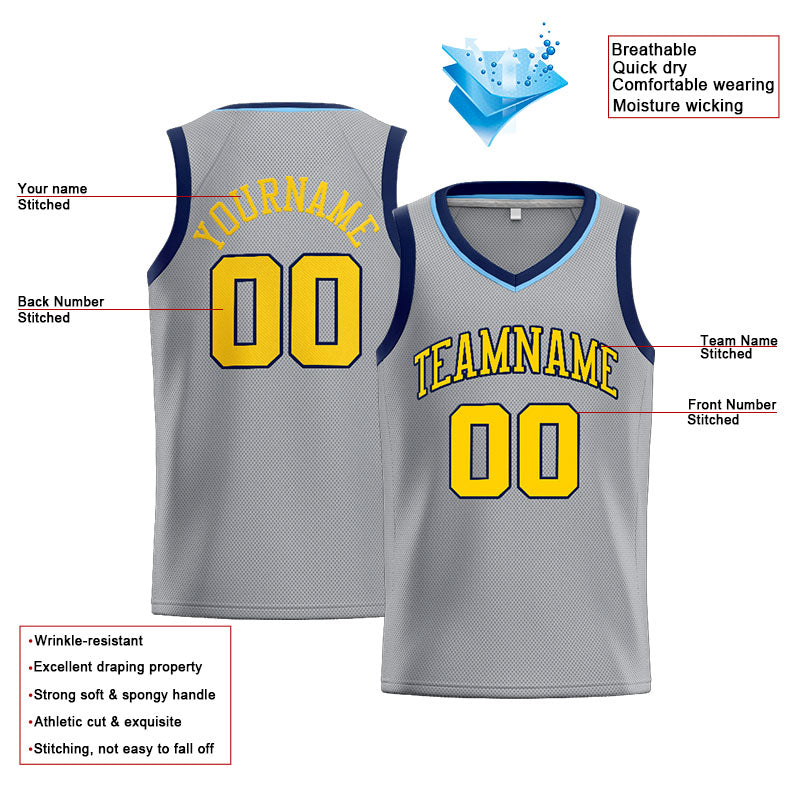 Benutzerdefinierte Authentisch  Basketball Trikot Grau-Gelb-Marine
