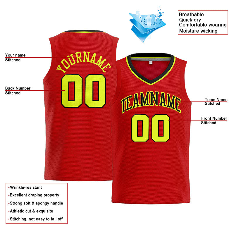 Benutzerdefinierte Authentisch  Basketball Trikot Rot-Schwarz-Neongelb
