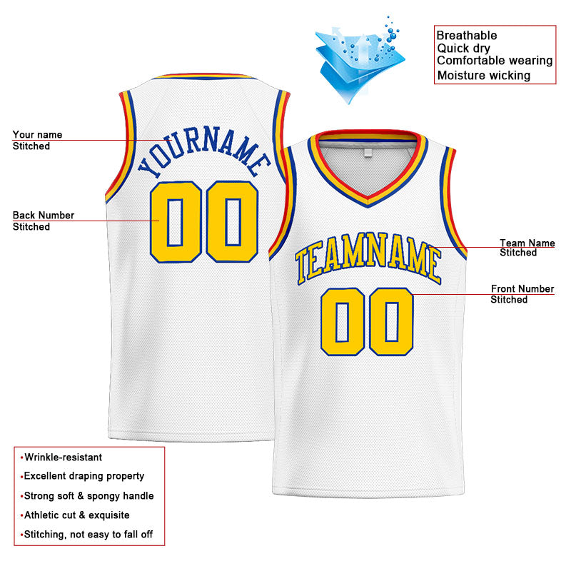 Benutzerdefinierte Authentisch  Basketball Trikot Weiß-Gelb-Royal-Rot