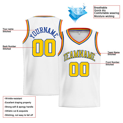 Benutzerdefinierte Authentisch  Basketball Trikot Weiß-Gelb-Royal-Rot