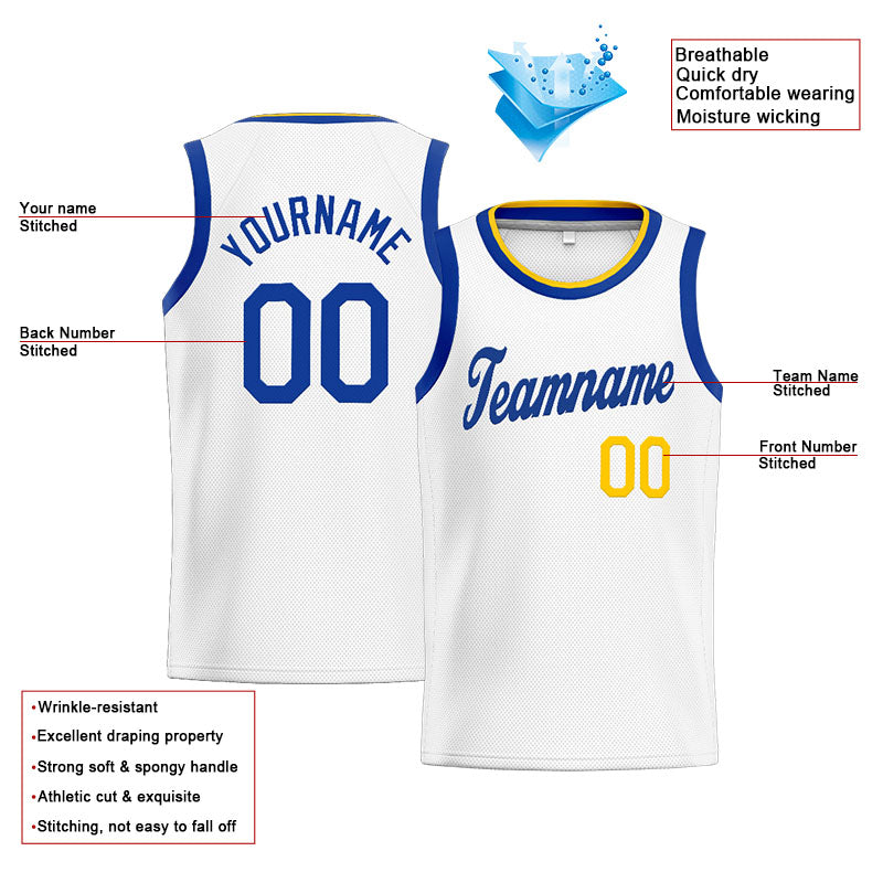 Benutzerdefinierte Authentisch  Basketball Trikot Weiß-Blau-Gelb