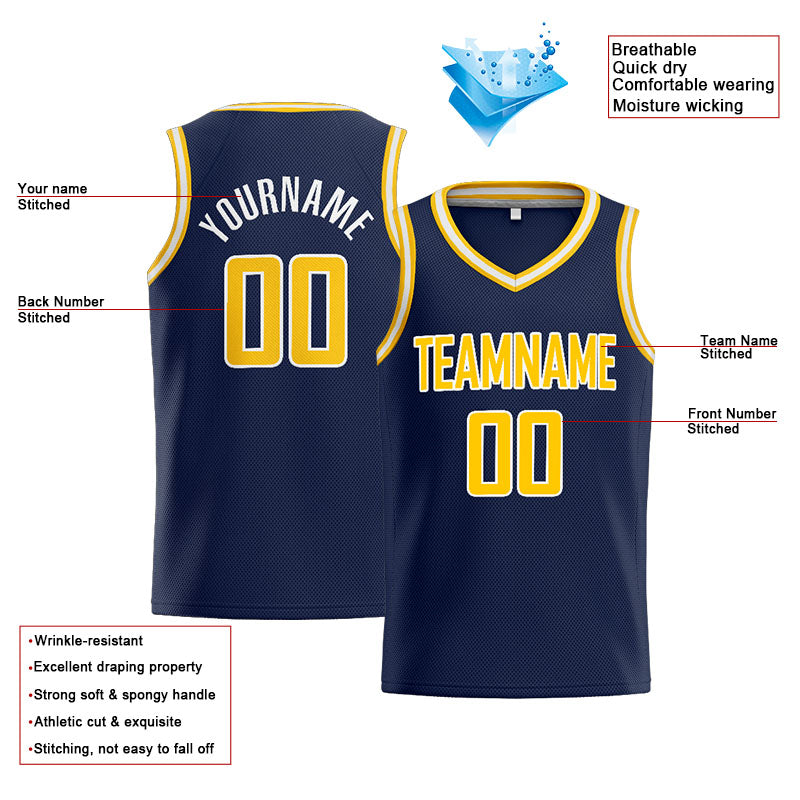 Benutzerdefinierte Authentisch  Basketball Trikot Marine-Gelb-Weiß