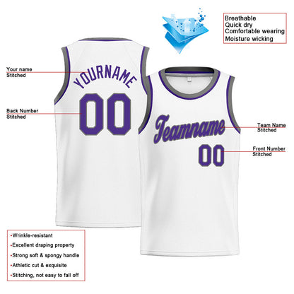 Benutzerdefinierte Authentisch  Basketball Trikot Weiß-Lila-Grau
