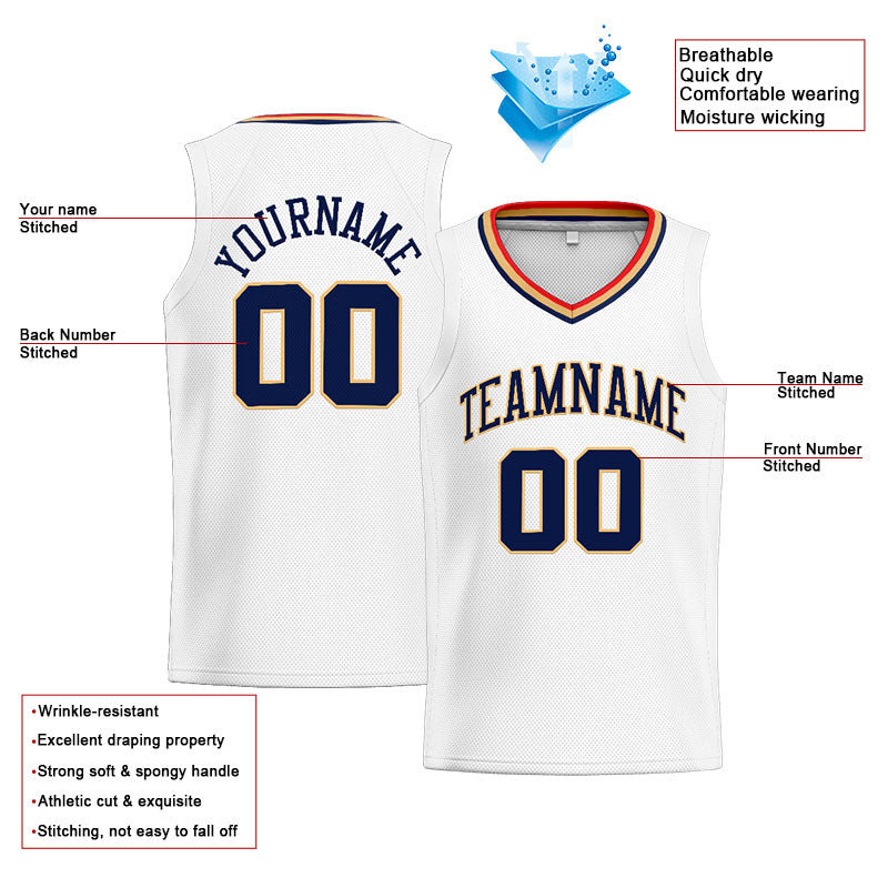 Benutzerdefinierte Authentisch  Basketball Trikot Weiß-Marine-Gold-Rot
