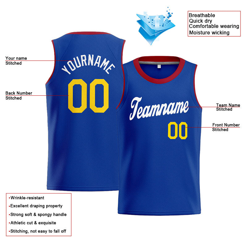 Benutzerdefinierte Authentisch  Basketball Trikot Blau-Weiß-Gelb-Rot