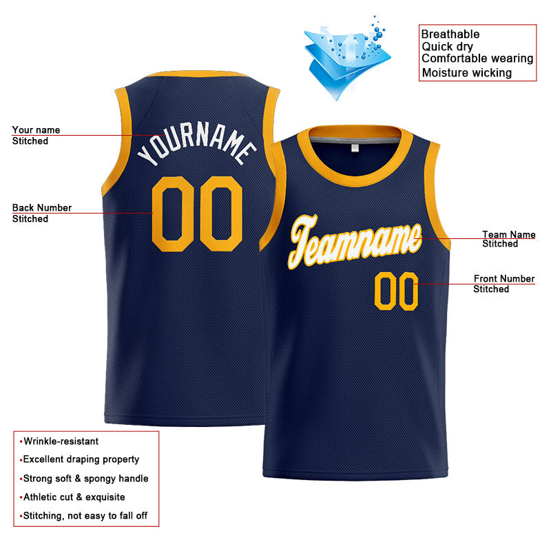 Benutzerdefinierte Authentisch  Basketball Trikot Marine-Weiß-Gelb