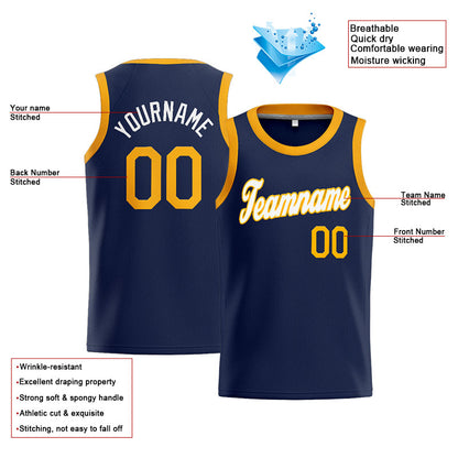 Benutzerdefinierte Authentisch  Basketball Trikot Marine-Weiß-Gelb