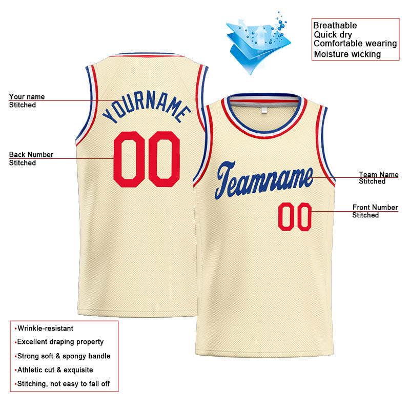 Benutzerdefinierte Authentisch  Basketball Trikot Creme- Königlich- Rot