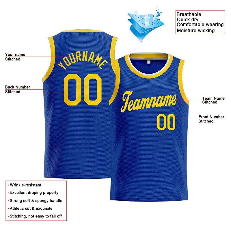 Benutzerdefinierte Authentisch  Basketball Trikot Königlich- Gelb- Weiß