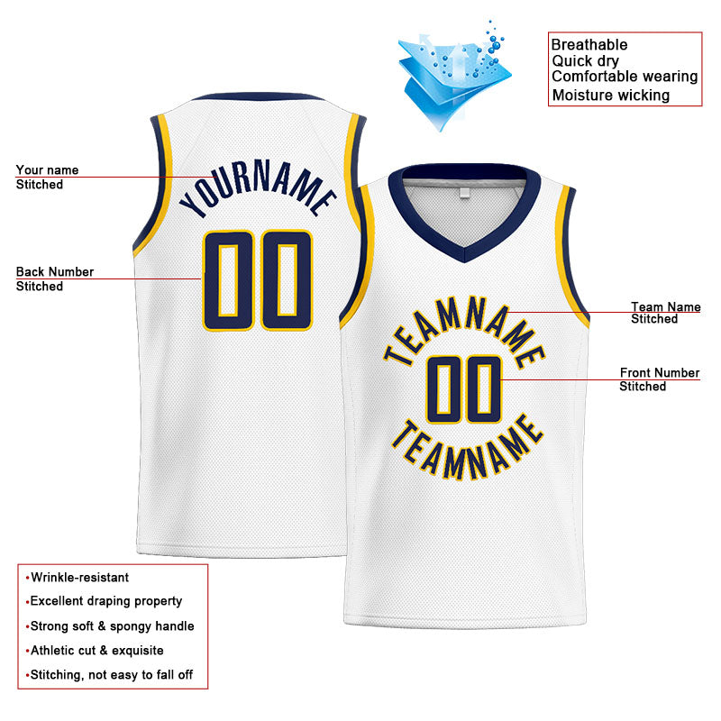 Benutzerdefinierte Authentisch  Basketball Trikot Weiß-Marine-Gelb