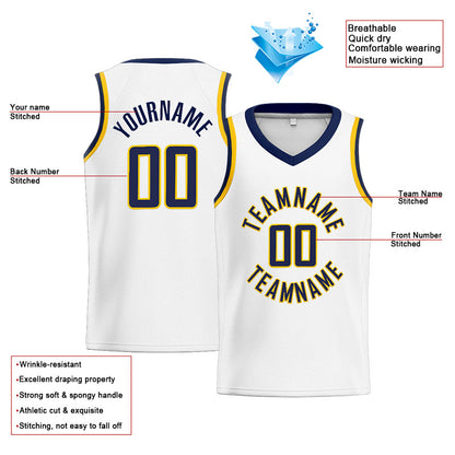 Benutzerdefinierte Authentisch  Basketball Trikot Weiß-Marine-Gelb