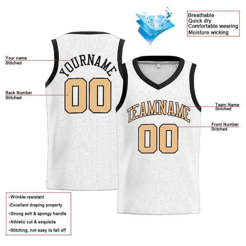 Benutzerdefinierte Authentisch  Basketball Trikot Weiß-Schwarz-Gold