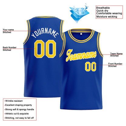 Benutzerdefinierte Authentisch  Basketball Trikot Königlich- Gelb- Weiß