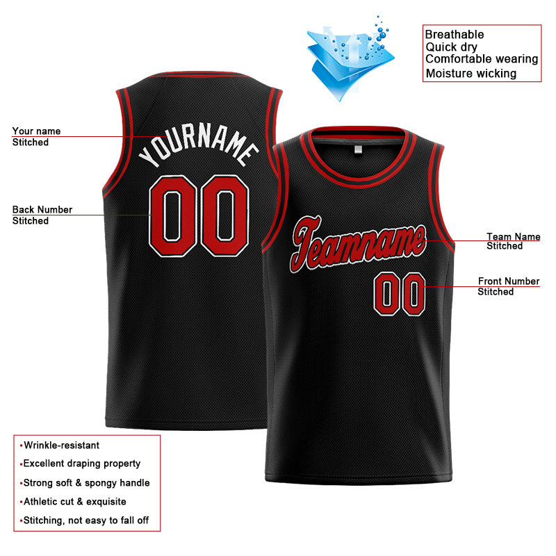 Benutzerdefinierte Authentisch  Basketball Trikot Schwarz-Rot-Weiß