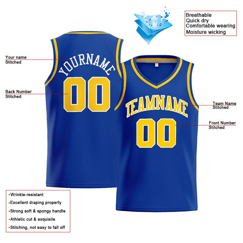 Benutzerdefinierte Authentisch  Basketball Trikot Königlich- Gelb- Weiß