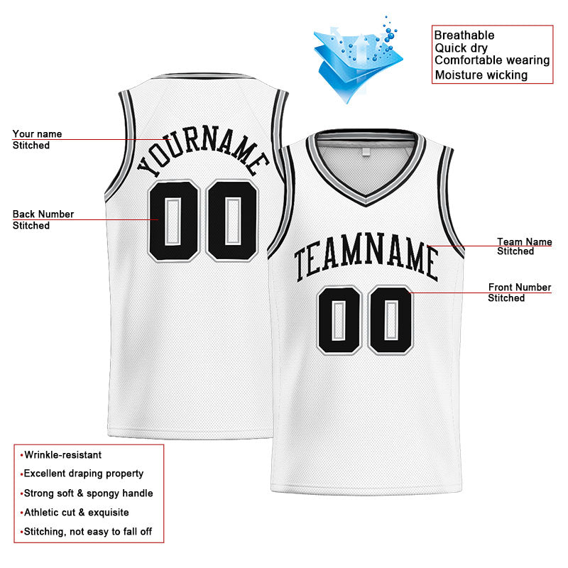 Benutzerdefinierte Authentisch  Basketball Trikot Weiß-Schwarz-Grau