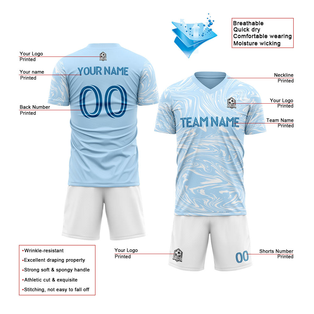 Benutzerdefinierte Fußballuniform Jersey Kinder Erwachsene Personalisiertes Set Jersey Shirt Hellblau
