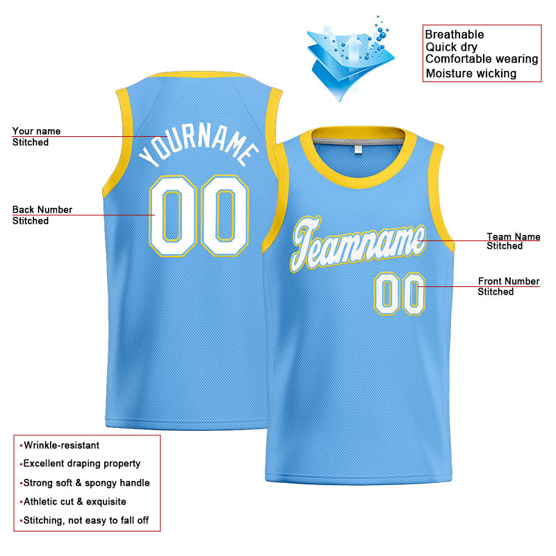 Benutzerdefinierte Authentisch  Basketball Trikot Hellblau-Weiß-Gelb