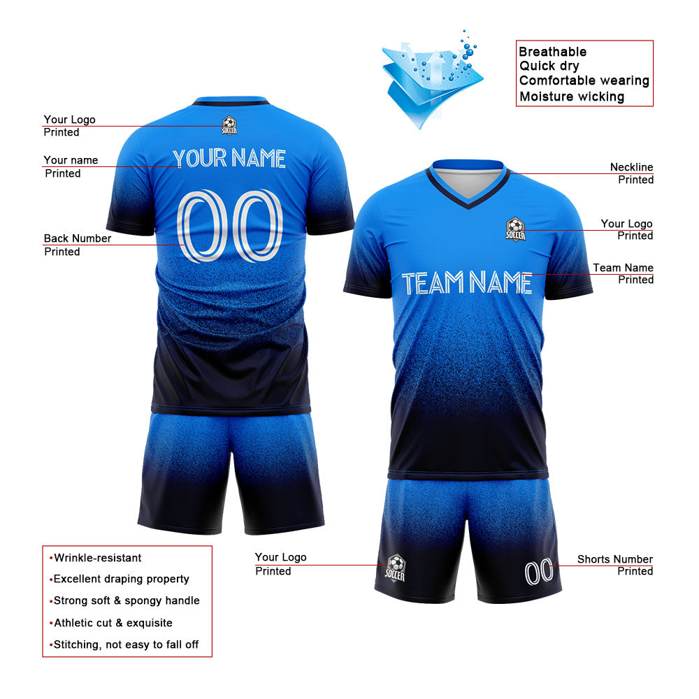 Benutzerdefinierte Fußballuniform Jersey Kinder Erwachsene Personalisiertes Set Jersey Shirt Blau