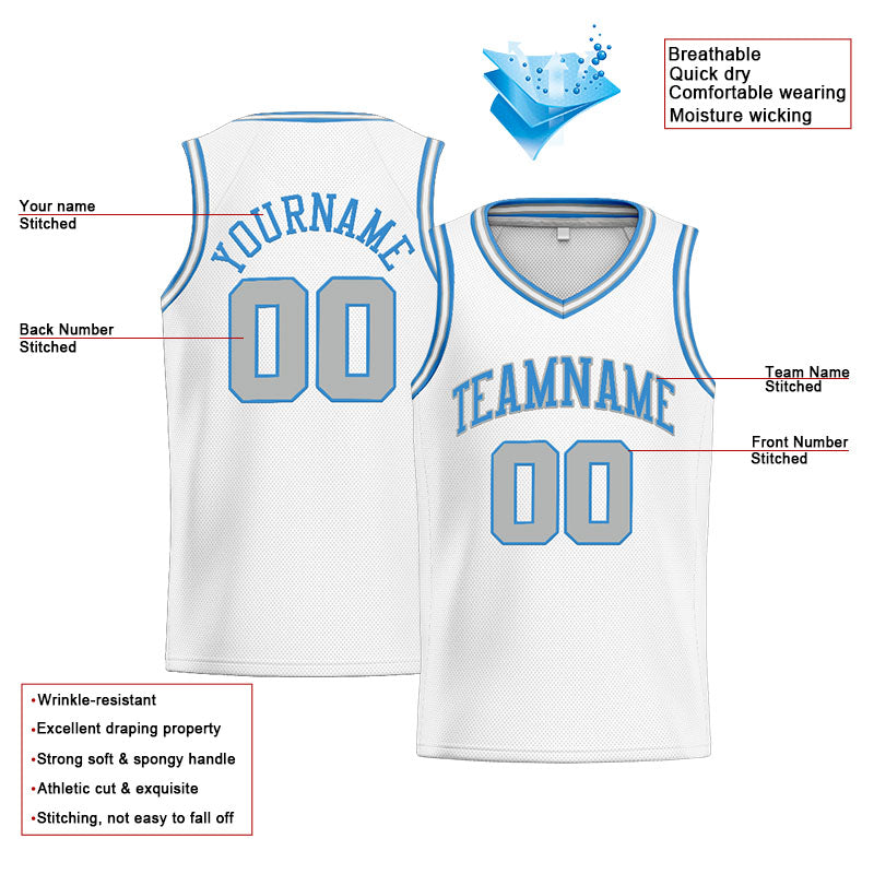 Benutzerdefinierte Authentisch  Basketball Trikot Weiß-Hellblau-Hellgrau