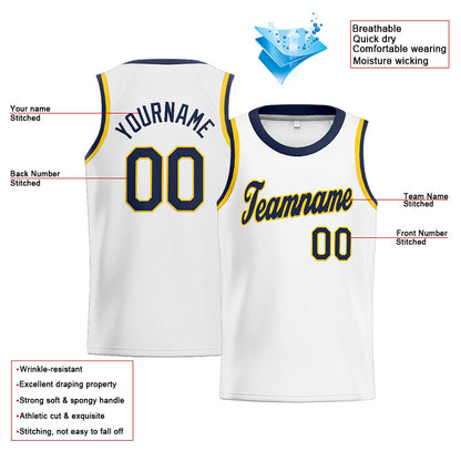 Benutzerdefinierte Authentisch  Basketball Trikot Weiß-Marine-Gelb