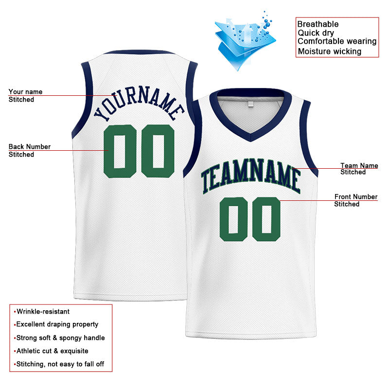 Benutzerdefinierte Authentisch  Basketball Trikot Weiß-Marine-Grün