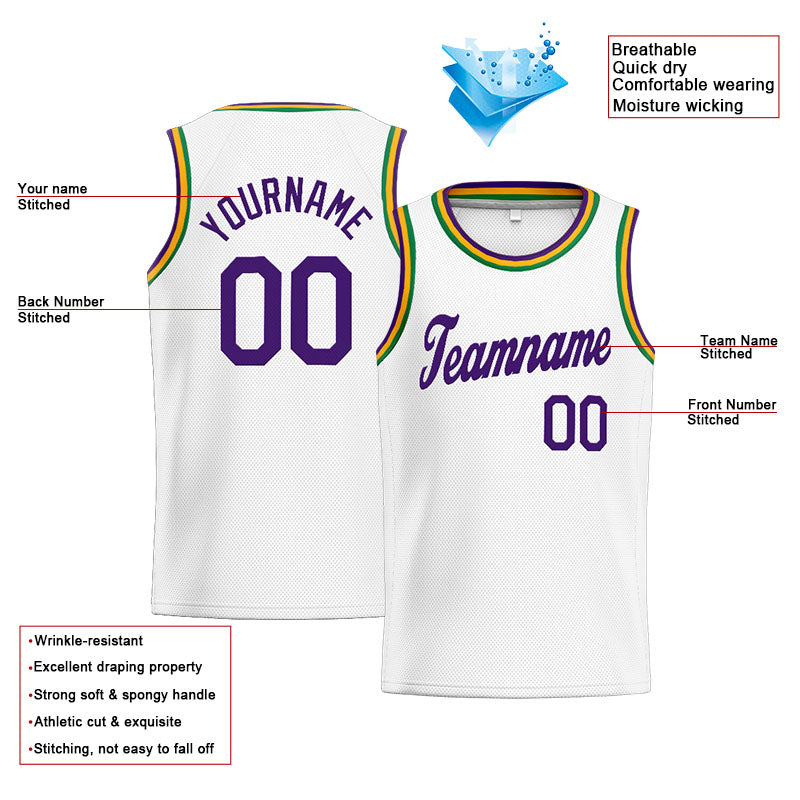 Benutzerdefinierte Authentisch  Basketball Trikot Weiß-Lila-Kelly Grün-Gelb