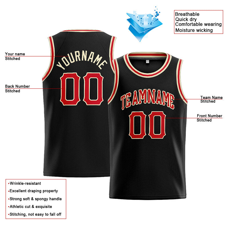 Benutzerdefinierte Authentisch  Basketball Trikot Schwarz-Rot-Creme