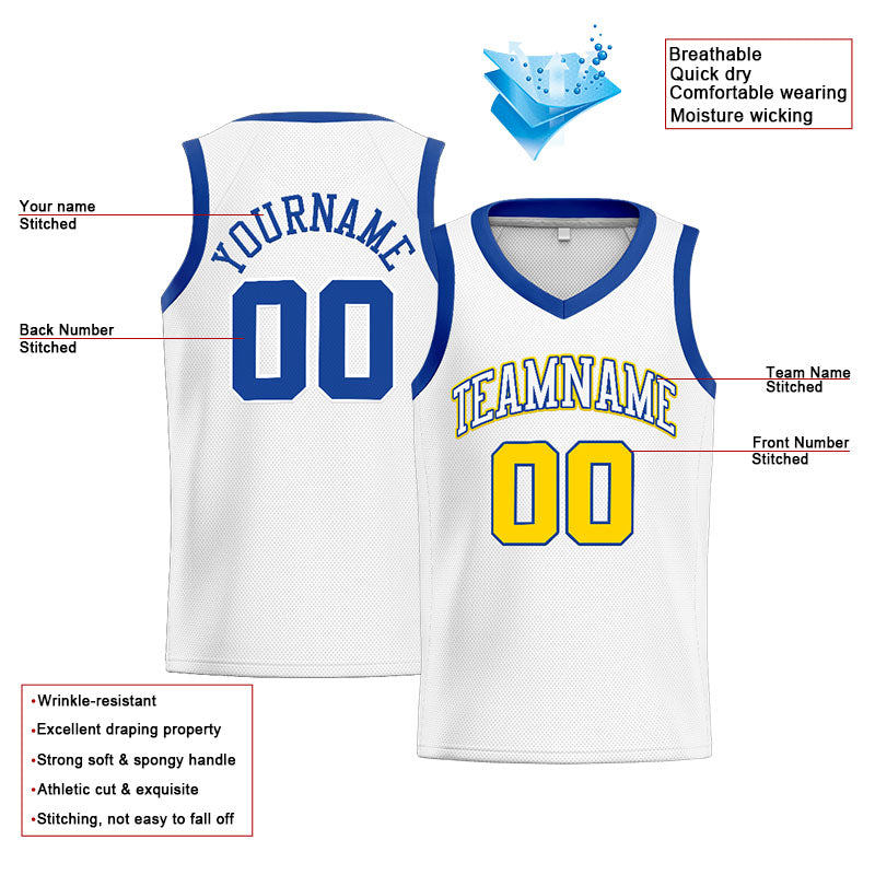 Benutzerdefinierte Authentisch  Basketball Trikot Weiß-Royal-Gelb