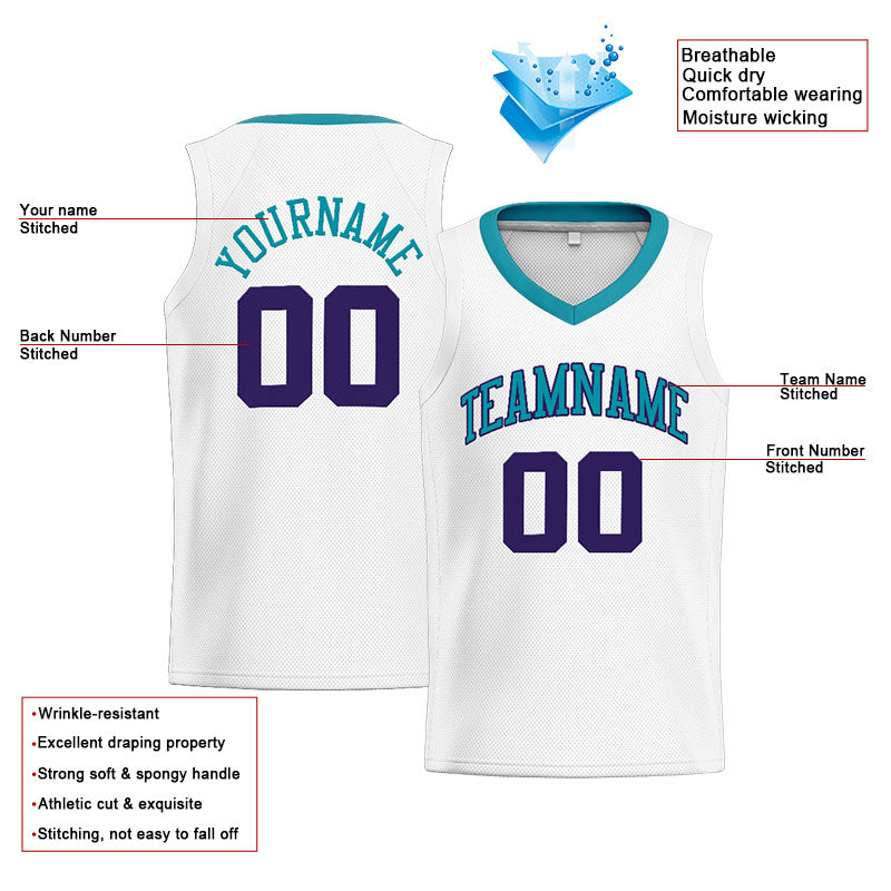 Benutzerdefinierte Authentisch  Basketball Trikot Weiß-Blaugrün-Lila