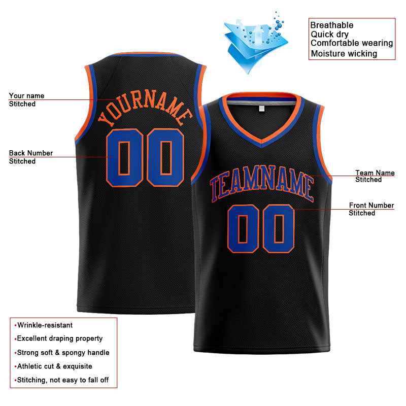 Benutzerdefinierte Authentisch  Basketball Trikot Schwarz- Königlich- Orange