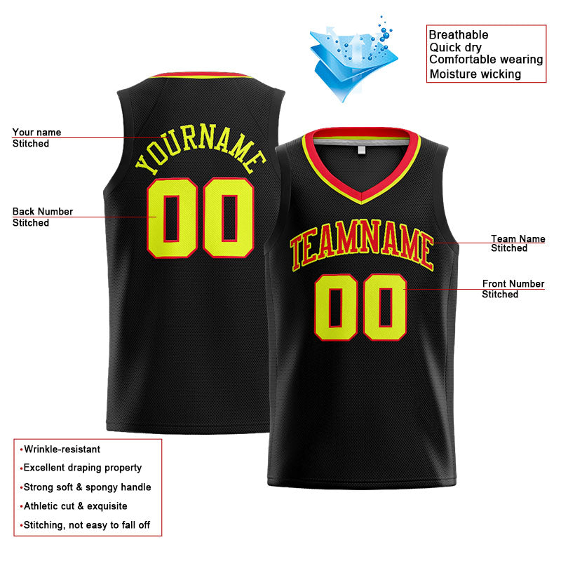 Benutzerdefinierte Authentisch  Basketball Trikot Schwarz-Rot-Neongelb