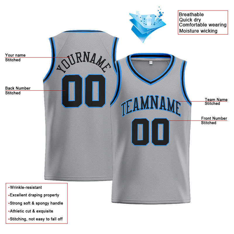 Benutzerdefinierte Authentisch  Basketball Trikot Grau-Schwarz-Hellblau
