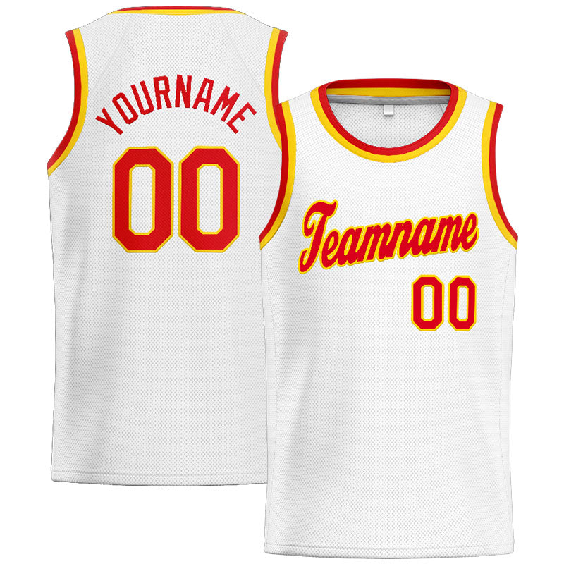 Benutzerdefinierte Authentisch  Basketball Trikot Weiß-Rot-Gelb