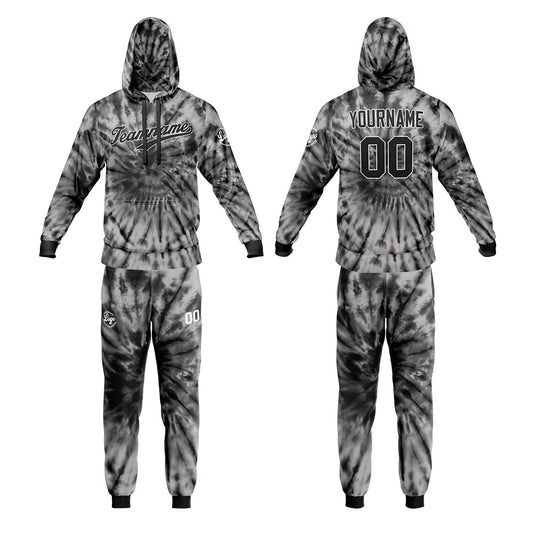 Benutzerdefiniert Krawattenfärben Sport-Hoodie-Oberteil und Hosen-Set Schwarz