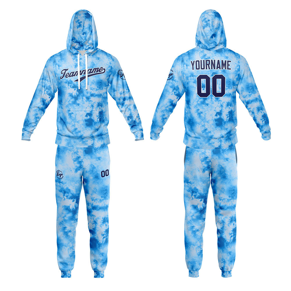 Benutzerdefiniert Krawattenfärben Sport-Hoodie-Oberteil und Hosen-Set Hellblau