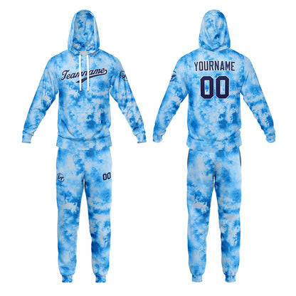 Benutzerdefiniert Krawattenfärben Sport-Hoodie-Oberteil und Hosen-Set Hellblau