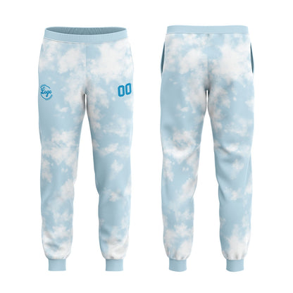 Benutzerdefiniert Gebatikt Sport-Hoodie-Oberteil und Hosen-Set Hellblau-Weiß-Blau