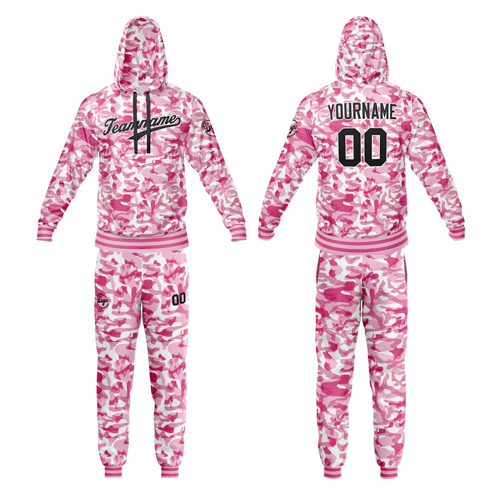 Benutzerdefiniert Tarnung Sport Jersey Satz Trainingsanzug Zur Seite fahren Kapuzenpullover Oberteile und Hose Satz Rosa