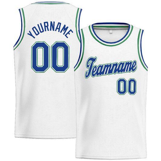 Benutzerdefinierte Authentisch  Basketball Trikot Weiß-Blau-Blaugrün
